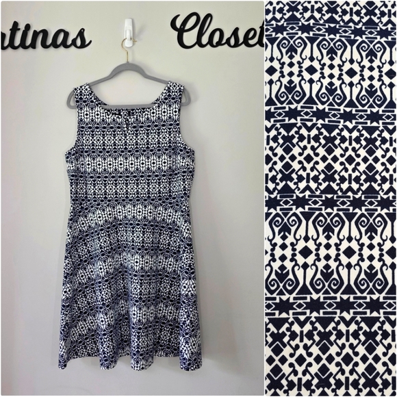 Talbots Dresses & Skirts - TALBOTS Blue White Geometric Print Ponte Stretch Fit & Flare‎ Dress Size XL